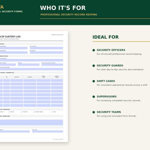May include: A white document titled Chain of Custody Log with light blue fillable fields for record details, item evidence, and transfer logs. The page includes sections for final status, disposition, and closure, with text headers in dark green and gold.