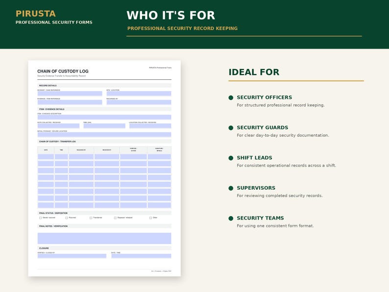 May include: A white document titled Chain of Custody Log with light blue fillable fields for record details, item evidence, and transfer logs. The page includes sections for final status, disposition, and closure, with text headers in dark green and gold.