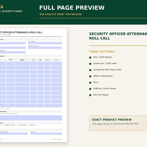 May include: A Security Officer Attendance & Roll Call form template featuring sections for site and shift details, officer attendance, staffing cover notes, and roll call status. The document includes a grid for tracking officer names, IDs, and times.