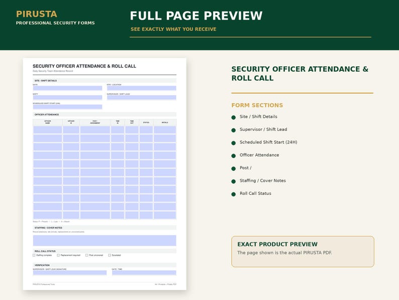 May include: A Security Officer Attendance & Roll Call form template featuring sections for site and shift details, officer attendance, staffing cover notes, and roll call status. The document includes a grid for tracking officer names, IDs, and times.