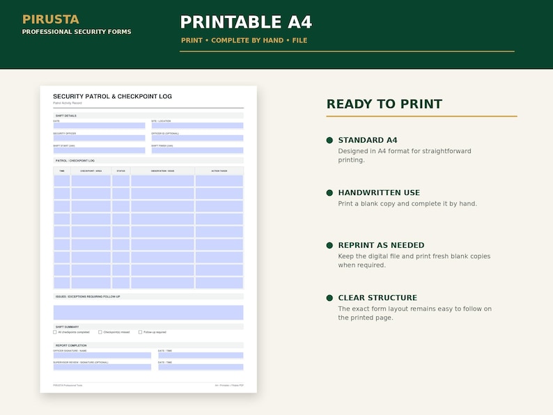 May include: A printable A4 security patrol and checkpoint log form by Pirusta. The document features sections for shift details, a grid for patrol checkpoints, issues requiring follow-up, a shift summary, and report completion fields in blue and white.