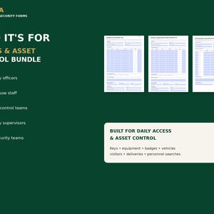 Puede incluir: Un gr&aacute;fico informativo verde oscuro titulado Pirusta Professional Security Forms. Enumera los usuarios objetivo para un paquete de control de acceso y activos, muestra tres formularios de seguridad y menciona llaves, equipos, insignias, veh&iacute;culos, visitantes y entregas.