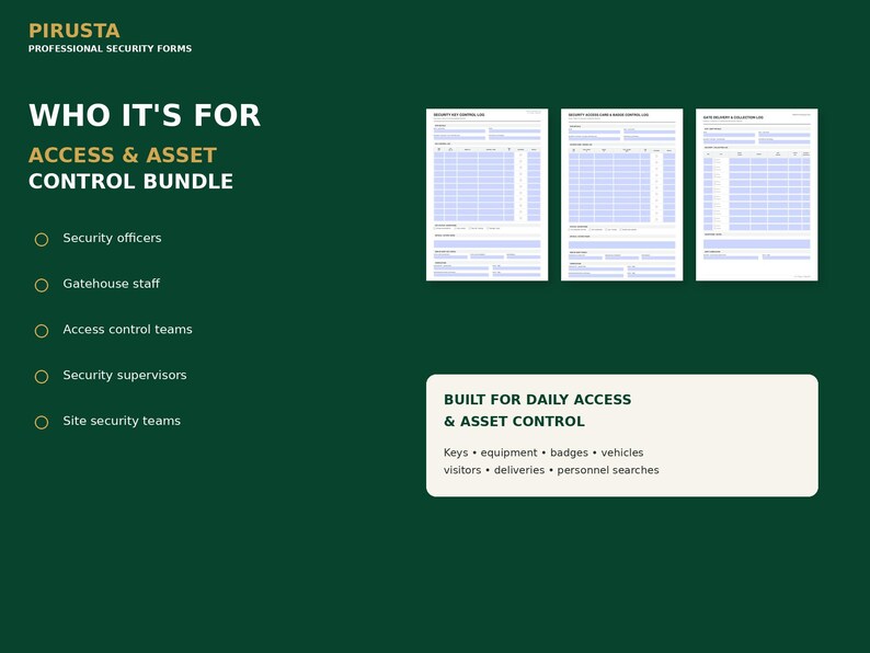 Puede incluir: Un gr&aacute;fico informativo verde oscuro titulado Pirusta Professional Security Forms. Enumera los usuarios objetivo para un paquete de control de acceso y activos, muestra tres formularios de seguridad y menciona llaves, equipos, insignias, veh&iacute;culos, visitantes y entregas.