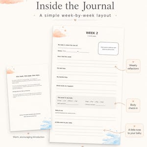 May include: A pregnancy journal layout featuring two white pages with soft peach cloud and blue sky illustrations. The pages include sections for weekly reflections, body check-ins, and notes to a baby, with text headers like Inside the Journal and Week 2.