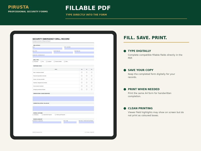 Peut inclure: Un formulaire num&eacute;rique de rapport d'exercice de s&eacute;curit&eacute; au format PDF. Le document comprend des champs remplissables pour les d&eacute;tails de l'exercice, une liste de contr&ocirc;le, des observations et des sections de signature. Texte : PIRUSTA PROFESSIONAL SECURITY FORMS, FILLABLE PDF, FILL. SAVE. PRINT.