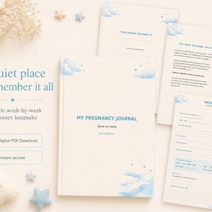 May include: A pregnancy journal with a cream-colored cover featuring blue watercolor clouds and stars. The text reads MY PREGNANCY JOURNAL, Week by Week, Azure Edition. Included are interior pages with prompts for weekly entries and notes.