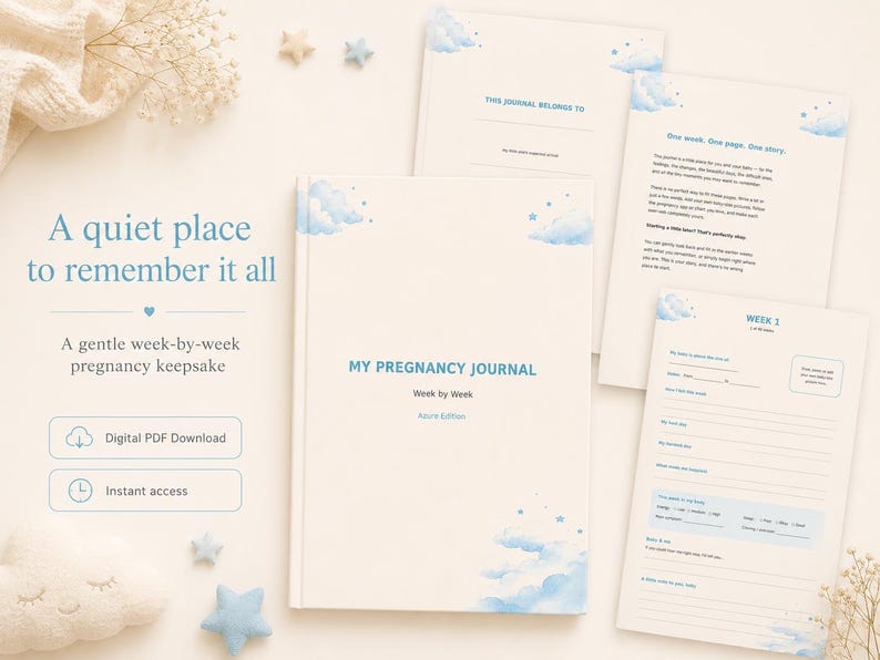 May include: A pregnancy journal with a cream-colored cover featuring blue watercolor clouds and stars. The text reads MY PREGNANCY JOURNAL, Week by Week, Azure Edition. Included are interior pages with prompts for weekly entries and notes.