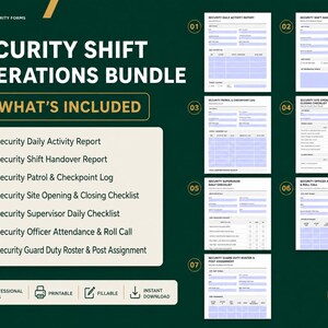K&ouml;nnte beinhalten: Ein Sicherheits-Operations-Paket mit sieben professionellen Formularen, darunter t&auml;glicher Aktivit&auml;tsbericht, Schicht&uuml;bergabe, Patrouillenprotokoll, Standort-Checkliste, Supervisor-Checkliste, Anwesenheitsliste und Dienstplan im A4-Format.