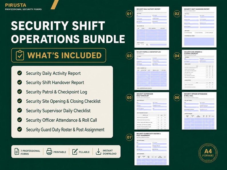 K&ouml;nnte beinhalten: Ein Sicherheits-Operations-Paket mit sieben professionellen Formularen, darunter t&auml;glicher Aktivit&auml;tsbericht, Schicht&uuml;bergabe, Patrouillenprotokoll, Standort-Checkliste, Supervisor-Checkliste, Anwesenheitsliste und Dienstplan im A4-Format.