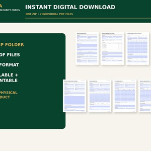 Op de afbeelding: Een digitale downloadset met zeven invulbare en printbare beveiligingsformulieren in A4-formaat. Het product bevat &eacute;&eacute;n ZIP-map met zeven individuele PDF-bestanden. De tekst luidt PIRUSTA PROFESSIONAL SECURITY FORMS, INSTANT DIGITAL DOWNLOAD, ONE ZIP, 7 INDIVIDUAL PDF FILES, A4 FORMAT, FILLABLE + PRINTABLE, NO PHYSICAL PRODUCT.