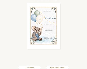 Uitnodiging voor de eerste verjaardag met koala-thema, bewerkbare Canva-sjabloon, 5x7 inch (printbaar en geschikt voor mobiel).
