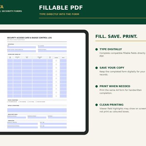 Peut inclure: Un formulaire num&eacute;rique de contr&ocirc;le des cartes d'acc&egrave;s et des badges affich&eacute; sur un &eacute;cran de tablette. Le document comprend des champs remplissables, une grille de suivi et des en-t&ecirc;tes PIRUSTA, FILLABLE PDF et FILL. SAVE. PRINT.