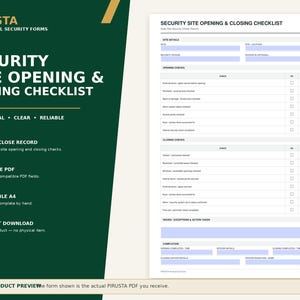 Könnte beinhalten: Ein Sicherheits-Checklisten-Formular für die Öffnung und Schließung von Standorten von Pirusta. Das Dokument enthält Abschnitte für Standortdetails, Öffnungs- und Schließkontrollen sowie Probleme, mit Kontrollkästchen und Feldern für Unterschriften.
