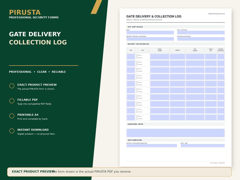 Peut inclure: Un formulaire num&eacute;rique A4 blanc intitul&eacute; GATE DELIVERY & COLLECTION LOG avec des sections pour les d&eacute;tails du site, les informations de quart et une grille pour suivre les livraisons et les collectes, incluant des champs pour les dates et signatures.