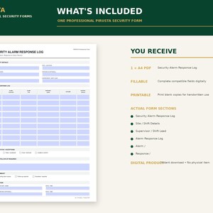Peut inclure: Un formulaire num&eacute;rique de journal de r&eacute;ponse aux alarmes de s&eacute;curit&eacute; comprenant des sections pour les d&eacute;tails du site et de l'&eacute;quipe, le suivi des alarmes, les exceptions, les actions de suivi et la v&eacute;rification, format&eacute; pour impression A4.