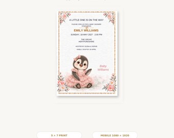 Bewerkbare uitnodiging voor een babyshower, Canva-sjabloon met klaproos en pinguïn, printbaar (5x7 inch) en digitale uitnodiging voor mobiel.