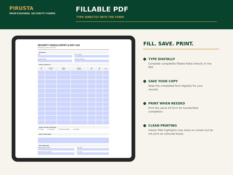 Peut inclure: Un formulaire num&eacute;rique de registre d'entr&eacute;e et de sortie des v&eacute;hicules de s&eacute;curit&eacute; au format PDF. Le document pr&eacute;sente une grille pour le suivi des d&eacute;tails du site, des informations sur les v&eacute;hicules et la fin de quart. Texte : PIRUSTA PROFESSIONAL SECURITY FORMS, FILLABLE PDF, FILL. SAVE. PRINT.