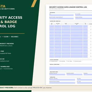 Peut inclure: Un formulaire num&eacute;rique de contr&ocirc;le des cartes d'acc&egrave;s et des badges avec une barre lat&eacute;rale vert fonc&eacute; portant le texte PIRUSTA PROFESSIONAL SECURITY FORMS. Le document blanc comprend des champs pour les d&eacute;tails du site, un tableau de suivi.