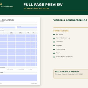 May include: A white visitor and contractor log form with a grid layout featuring columns for date, name, company, purpose, person visiting, pass, and access. The document includes sections for site details, sign-in exceptions, and notes for action taken.