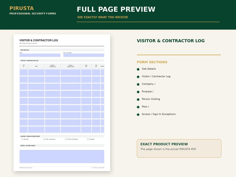 May include: A white visitor and contractor log form with a grid layout featuring columns for date, name, company, purpose, person visiting, pass, and access. The document includes sections for site details, sign-in exceptions, and notes for action taken.