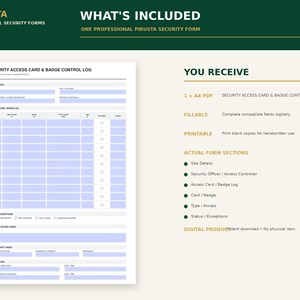 Peut inclure: Un formulaire num&eacute;rique de contr&ocirc;le des badges et cartes d'acc&egrave;s au format PDF A4. Le document comprend des sections pour les d&eacute;tails du site, les informations de l'agent de s&eacute;curit&eacute; et une grille de suivi. Modifiable ou imprimable.