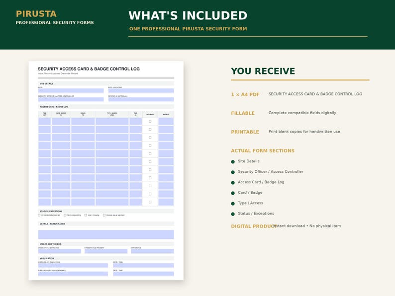 Peut inclure: Un formulaire num&eacute;rique de contr&ocirc;le des badges et cartes d'acc&egrave;s au format PDF A4. Le document comprend des sections pour les d&eacute;tails du site, les informations de l'agent de s&eacute;curit&eacute; et une grille de suivi. Modifiable ou imprimable.