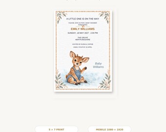 Bewerkbare uitnodiging voor een babyshower, Canva-sjabloon met babyhertje Henry, printbaar (5x7 inch) en digitale uitnodiging voor mobiel.