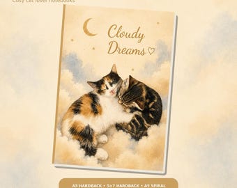 Notitieboekje Cloudy Dreams met slapende katten, A5 of 5x7 inch, hardcover of spiraalgebonden, cadeau voor kattenliefhebbers