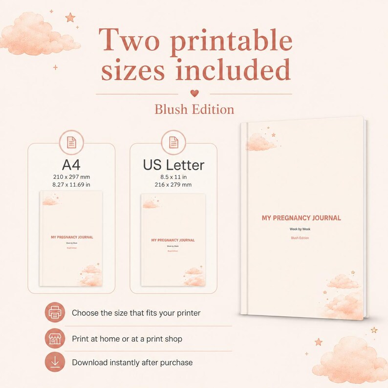 May include: A digital pregnancy journal titled My Pregnancy Journal Blush Edition, featuring two printable sizes: A4 at 210 by 297 mm, and US Letter at 216 by 279 mm, decorated with soft pink clouds and stars, with text indicating instant download.