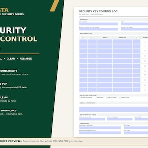 Könnte beinhalten: Ein weißes Sicherheitsschlüssel-Kontrollprotokoll-Formular mit einer dunkelgrünen Seitenleiste, die den Text PIRUSTA PROFESSIONAL SECURITY FORMS enthält. Das Dokument umfasst Felder für Standortdetails, Schlüsselprotokolle und Unterschriften.