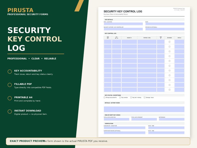 K&ouml;nnte beinhalten: Ein wei&szlig;es Sicherheitsschl&uuml;ssel-Kontrollprotokoll-Formular mit einer dunkelgr&uuml;nen Seitenleiste, die den Text PIRUSTA PROFESSIONAL SECURITY FORMS enth&auml;lt. Das Dokument umfasst Felder f&uuml;r Standortdetails, Schl&uuml;sselprotokolle und Unterschriften.