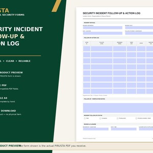 以下が含まれることがあります： PIRUSTA PROFESSIONAL SECURITY FORMSというテキストが記載されたダークグリーンのサイドバーを持つ、セキュリティインシデントのフォローアップおよびアクションログフォーム。白い文書には、インシデントの詳細、アクションログテーブル、ステータスチェックボックスのセクションが含まれています。