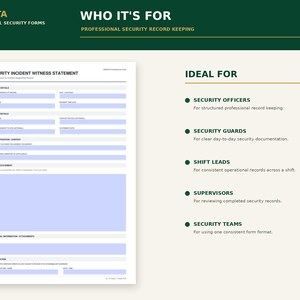 K&ouml;nnte beinhalten: Ein wei&szlig;es Formular f&uuml;r Zeugenaussagen bei Sicherheitsvorf&auml;llen mit hellblauen ausf&uuml;llbaren Feldern, schwarzem Text und &Uuml;berschriften wie PIRUSTA PROFESSIONAL SECURITY FORMS, WHO IT'S FOR und IDEAL FOR, das Sicherheitsrollen auflistet.