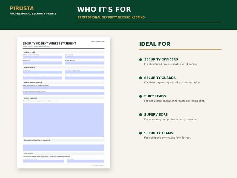 K&ouml;nnte beinhalten: Ein wei&szlig;es Formular f&uuml;r Zeugenaussagen bei Sicherheitsvorf&auml;llen mit hellblauen ausf&uuml;llbaren Feldern, schwarzem Text und &Uuml;berschriften wie PIRUSTA PROFESSIONAL SECURITY FORMS, WHO IT'S FOR und IDEAL FOR, das Sicherheitsrollen auflistet.