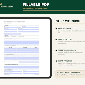 K&ouml;nnte beinhalten: Eine digitale Vorlage f&uuml;r einen Sicherheits-Schicht&uuml;bergabebericht mit ausf&uuml;llbaren PDF-Feldern. Das Dokument enth&auml;lt Abschnitte f&uuml;r Schichtdetails, Status, wichtige Ereignisse und Aktionen. Text: PIRUSTA, FILLABLE PDF, FILL. SAVE. PRINT.