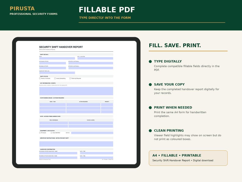 K&ouml;nnte beinhalten: Eine digitale Vorlage f&uuml;r einen Sicherheits-Schicht&uuml;bergabebericht mit ausf&uuml;llbaren PDF-Feldern. Das Dokument enth&auml;lt Abschnitte f&uuml;r Schichtdetails, Status, wichtige Ereignisse und Aktionen. Text: PIRUSTA, FILLABLE PDF, FILL. SAVE. PRINT.