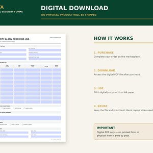Peut inclure: Un t&eacute;l&eacute;chargement num&eacute;rique d'un formulaire de journal de r&eacute;ponse aux alarmes de s&eacute;curit&eacute;. Le document comprend des sections pour les d&eacute;tails de quart, les journaux d'alarme, le statut, le suivi et la v&eacute;rification, avec des instructions d'utilisation.