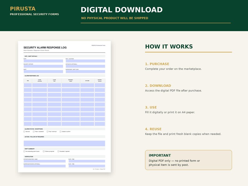 Peut inclure: Un t&eacute;l&eacute;chargement num&eacute;rique d'un formulaire de journal de r&eacute;ponse aux alarmes de s&eacute;curit&eacute;. Le document comprend des sections pour les d&eacute;tails de quart, les journaux d'alarme, le statut, le suivi et la v&eacute;rification, avec des instructions d'utilisation.