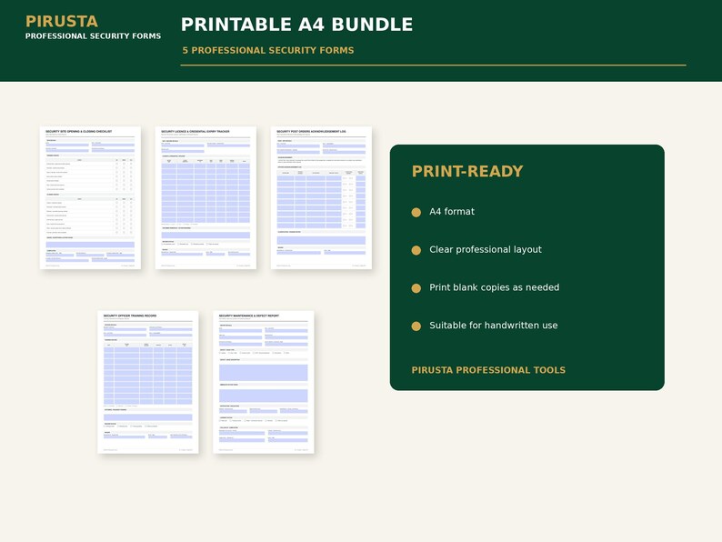May include: A digital bundle of five printable A4 security forms by Pirusta. The documents feature a professional layout with light blue fields for data entry. A dark green information box lists features including A4 format and print-ready design.