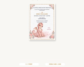 Bewerkbare uitnodiging voor een babyshower, Canva-sjabloon met lelie en draak, printbaar (5x7 inch) en digitale uitnodiging voor mobiel.