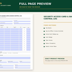 Peut inclure: Un formulaire de journal de contr&ocirc;le des cartes d'acc&egrave;s et des badges de s&eacute;curit&eacute; blanc avec des champs &agrave; remplir bleu clair. Le document comprend des sections pour les d&eacute;tails du site, les journaux, les exceptions et la v&eacute;rification.