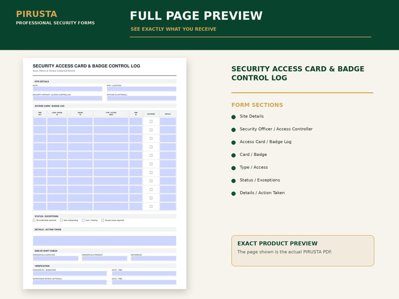Peut inclure: Un formulaire de journal de contr&ocirc;le des cartes d'acc&egrave;s et des badges de s&eacute;curit&eacute; blanc avec des champs &agrave; remplir bleu clair. Le document comprend des sections pour les d&eacute;tails du site, les journaux, les exceptions et la v&eacute;rification.