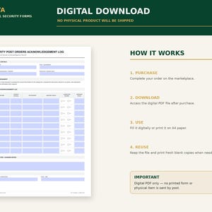 K&ouml;nnte beinhalten: Ein digitaler Download eines Formulars f&uuml;r ein Sicherheitsposten-Auftragsbest&auml;tigungsprotokoll. Das Dokument enth&auml;lt eine Kopfzeile, Details zum Standort, einen Best&auml;tigungsbereich und eine Tabelle f&uuml;r Unterschriften von Beamten.