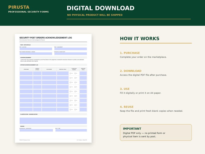 K&ouml;nnte beinhalten: Ein digitaler Download eines Formulars f&uuml;r ein Sicherheitsposten-Auftragsbest&auml;tigungsprotokoll. Das Dokument enth&auml;lt eine Kopfzeile, Details zum Standort, einen Best&auml;tigungsbereich und eine Tabelle f&uuml;r Unterschriften von Beamten.