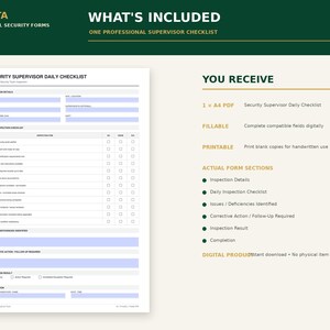 May include: A digital Security Supervisor Daily Checklist form by Pirusta. The document includes sections for inspection details, a daily inspection checklist, issues identified, corrective actions, inspection results, and completion signatures.