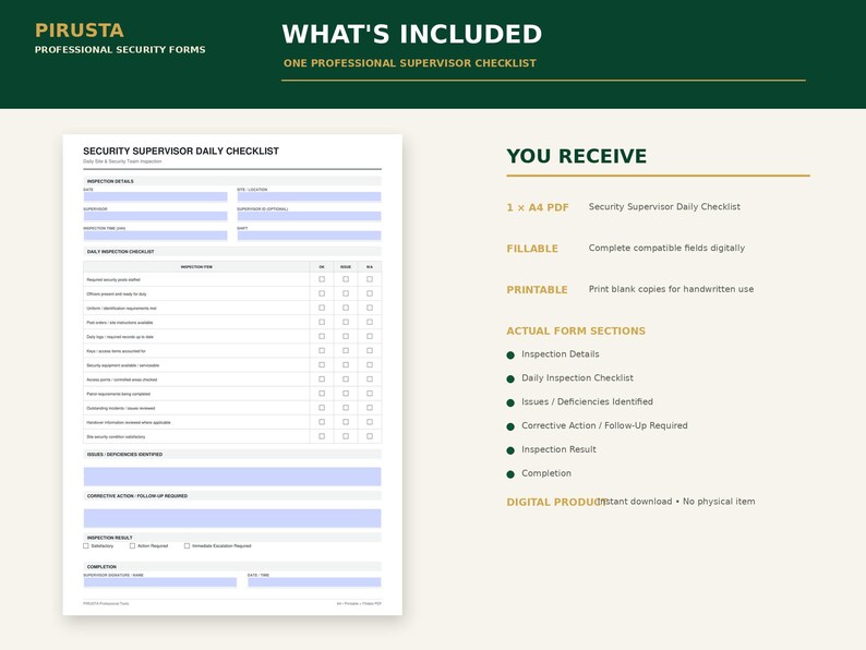 May include: A digital Security Supervisor Daily Checklist form by Pirusta. The document includes sections for inspection details, a daily inspection checklist, issues identified, corrective actions, inspection results, and completion signatures.