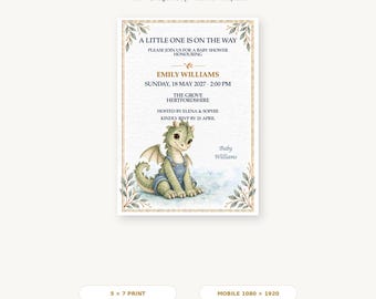 Bewerkbare uitnodiging voor een babyshower, Canva-sjabloon met Finn-draak, printbaar (5x7 inch) en digitale uitnodiging voor mobiel.