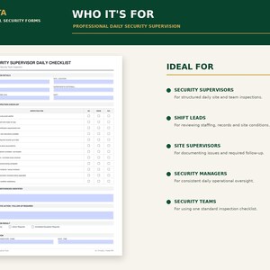 May include: A white security supervisor daily checklist form with blue input fields, black text, and headers including PIRUSTA PROFESSIONAL SECURITY FORMS, WHO IT'S FOR, and IDEAL FOR, listing roles like security supervisors and shift leads.