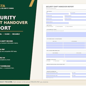 Può includere: Un modulo bianco per il rapporto di passaggio di consegne della sicurezza con campi compilabili blu, che include sezioni per i dettagli del turno, informazioni chiave, problemi in sospeso, chiavi, stato dell'attrezzatura e firme su sfondo verde.