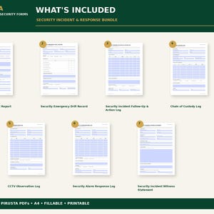 Op de afbeelding: Een digitale bundel van zeven professionele beveiligingsformulieren genaamd Pirusta Professional Security Forms. De set bevat een incidentrapport, een noodprotocol, een opvolgingslogboek, een keten van bewaring logboek, een CCTV-logboek, een alarmresponslogboek en een getuigenverklaring.